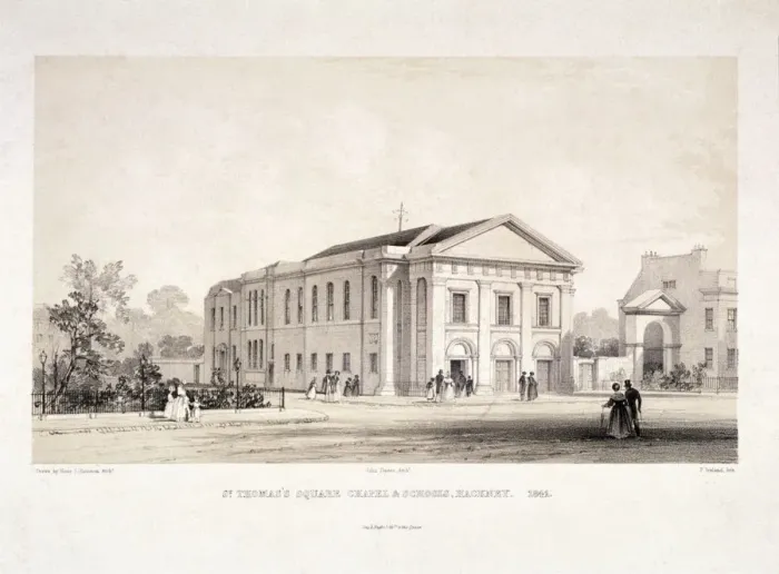 Framed Print : St Thomas Square chapel and schools, Hackney, London, 1841. Artist: F Ireland Framed Print : St Thomas Square chapel and schools, Hackney, London, 1841. Artist: F Ireland