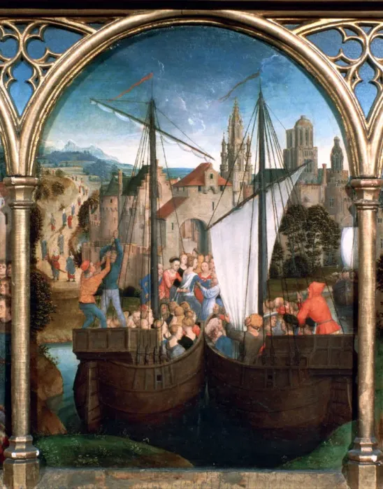 Framed Print : St Ursula Shrine, Arrival in Basle, 1489. Artist: Hans Memling Framed Print : St Ursula Shrine, Arrival in Basle, 1489. Artist: Hans Memling
