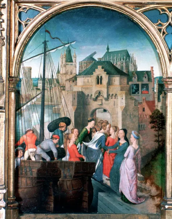 Framed Print : St Ursula Shrine, Arrival in Cologne, 1489. Artist: Hans Memling Framed Print : St Ursula Shrine, Arrival in Cologne, 1489. Artist: Hans Memling