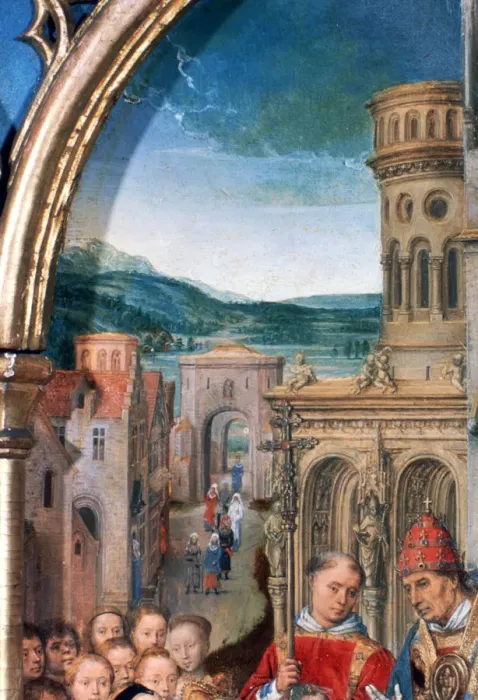 Framed Print : St Ursula Shrine, Arrival in Rome, Detail, 1489. Artist: Hans Memling Framed Print : St Ursula Shrine, Arrival in Rome, Detail, 1489. Artist: Hans Memling