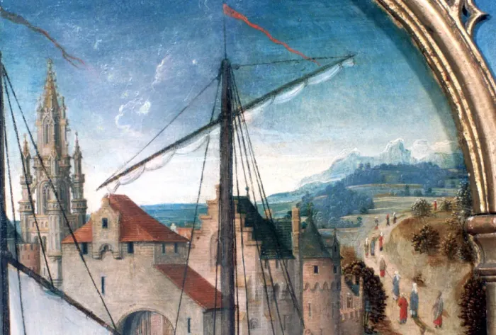 Framed Print : St Ursula Shrine, Departure from Basle, Detail, 1489. Artist: Hans Memling Framed Print : St Ursula Shrine, Departure from Basle, Detail, 1489. Artist: Hans Memling