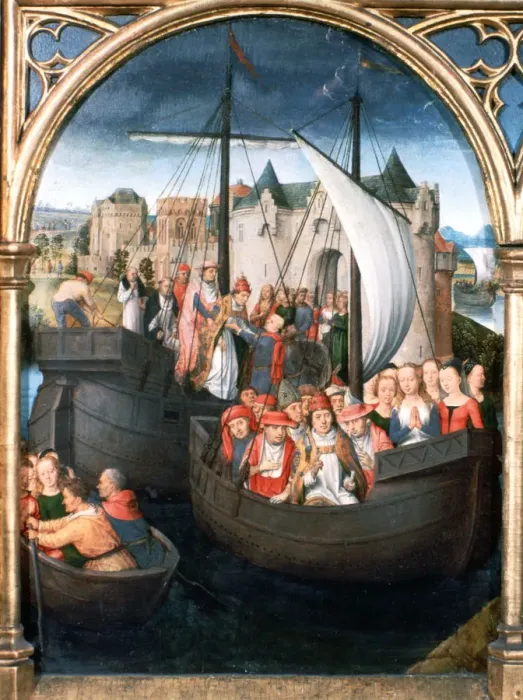Framed Print : St Ursula Shrine, Departure from Basle, 1489. Artist: Hans Memling Framed Print : St Ursula Shrine, Departure from Basle, 1489. Artist: Hans Memling