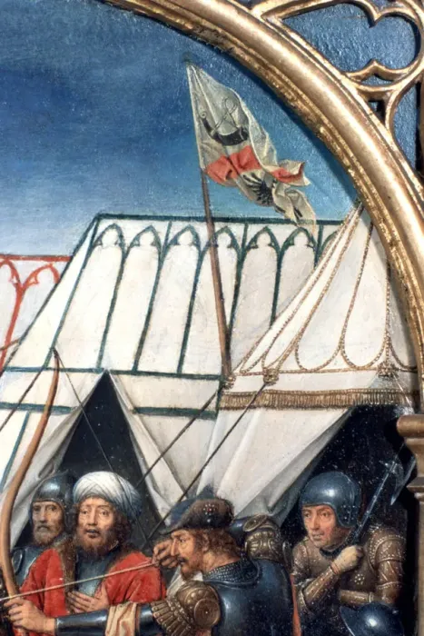 Framed Print : St Ursula Shrine, Martyrdom at Cologne, Detail, 1489. Artist: Hans Memling Framed Print : St Ursula Shrine, Martyrdom at Cologne, Detail, 1489. Artist: Hans Memling