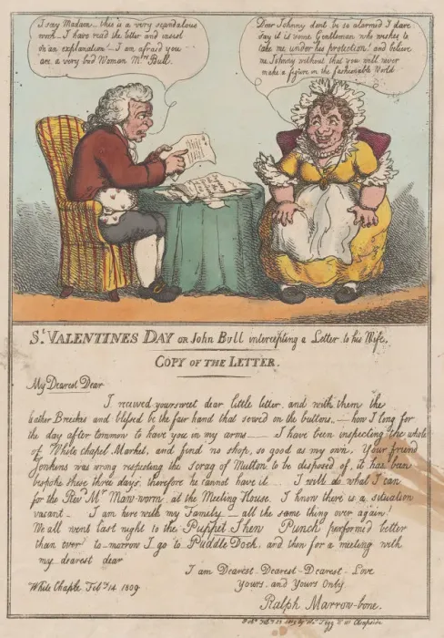 Framed Print : St. Valentines Day or John Bull intercepting a Letter to his Wife, February Framed Print : St. Valentines Day or John Bull intercepting a Letter to his Wife, February