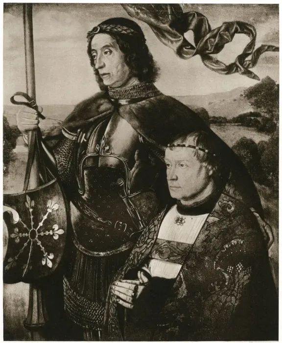 Framed Print : St Victor and a Donor, (1927). Artist: Hugo van der Goes Framed Print : St Victor and a Donor, (1927). Artist: Hugo van der Goes
