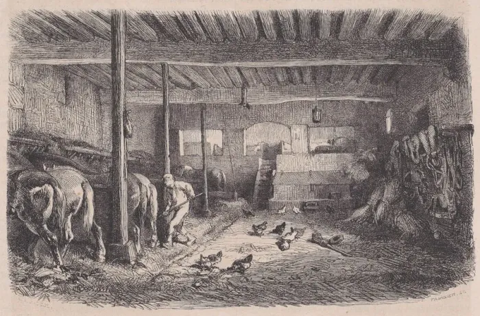 Framed Print : A Stable; from Magasin Pittoresque, ca. 1852. Creator: Charles Tamisier Framed Print : A Stable; from Magasin Pittoresque, ca. 1852. Creator: Charles Tamisier