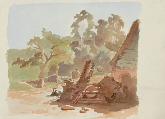 Framed Print : Stack of firewood outside a hut, 1864-1865. Creator: Maria Vos Framed Print : Stack of firewood outside a hut, 1864-1865. Creator: Maria Vos