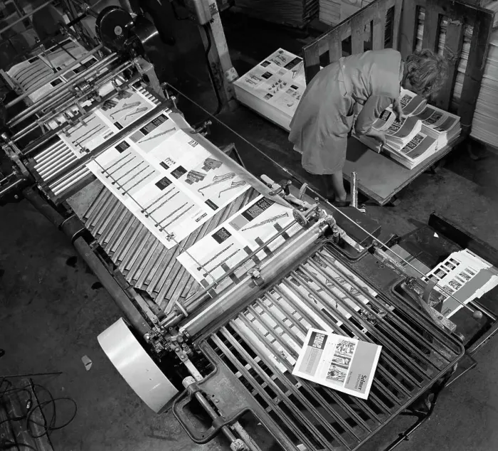 Framed Print : Stacking finished brochures at a printers, Mexborough, South Yorkshire, 1959. Artist Framed Print : Stacking finished brochures at a printers, Mexborough, South Yorkshire, 1959. Artist
