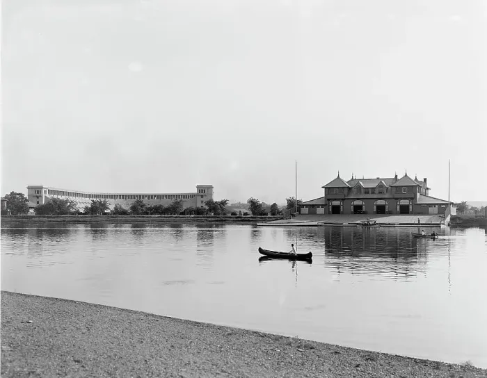 Framed Print : The Stadium and University Boat House, Cambridge, Mass. c.between 1910 and 1920. Creator: Unknown Framed Print : The Stadium and University Boat House, Cambridge, Mass. c.between 1910 and 1920. Creator: Unknown