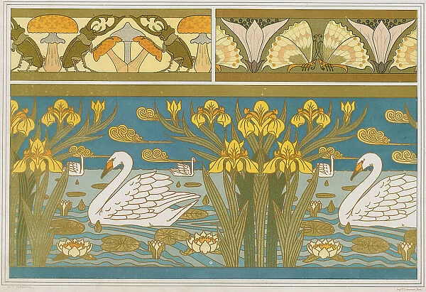 Stag beetles and mushrooms, sorrel and butterflies. Swans, irises and water lilies, 1897. Creator: Verneuil, Maurice Pillard (1869-1942)