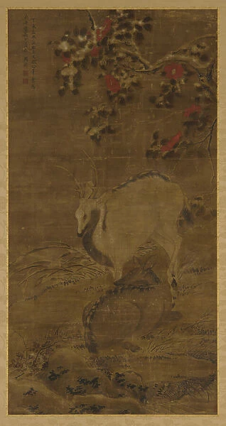 A stag, a doe, and red camellias in snow, 1367. Creator: Zhou Yuan