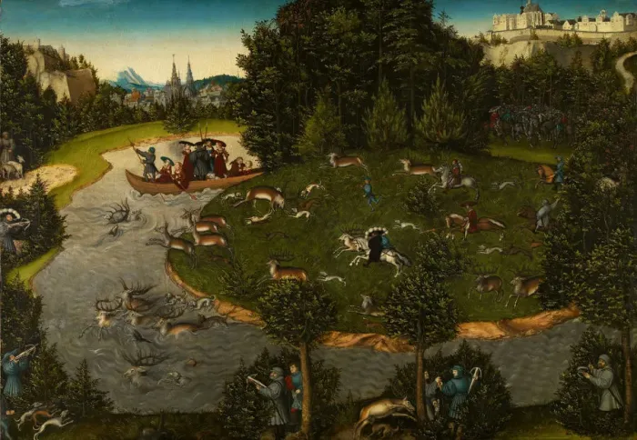 Framed Print : Stag Hunt with the Elector Frederick the Wise, 1529. Artist: Cranach, Lucas, the Elder (1472-1553) Framed Print : Stag Hunt with the Elector Frederick the Wise, 1529. Artist: Cranach, Lucas, the Elder (1472-1553)