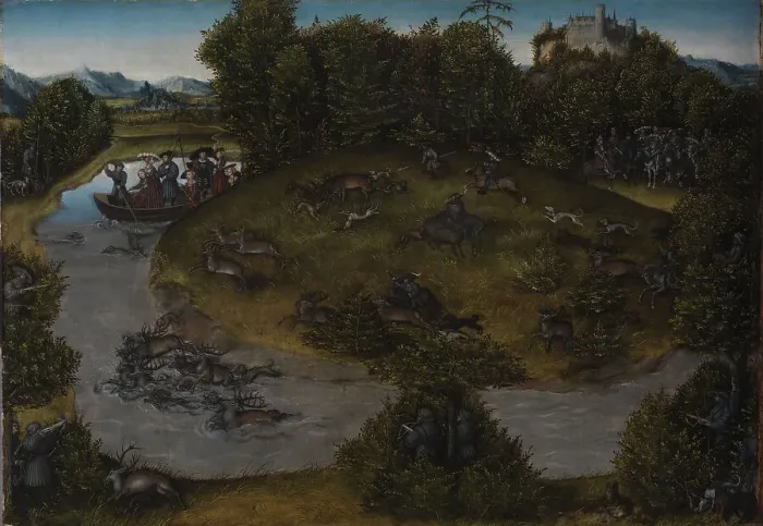Framed Print : Stag Hunt with the Elector Frederick the Wise, after 1529. Artist: Cranach, Lucas, the Elder (1472-1553) Framed Print : Stag Hunt with the Elector Frederick the Wise, after 1529. Artist: Cranach, Lucas, the Elder (1472-1553)