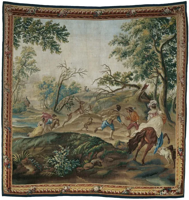 Framed Print : The Stag Hunt, from Pastoral Hunting Scenes, Aubusson, c. 1775. Creator: Unknown Framed Print : The Stag Hunt, from Pastoral Hunting Scenes, Aubusson, c. 1775. Creator: Unknown