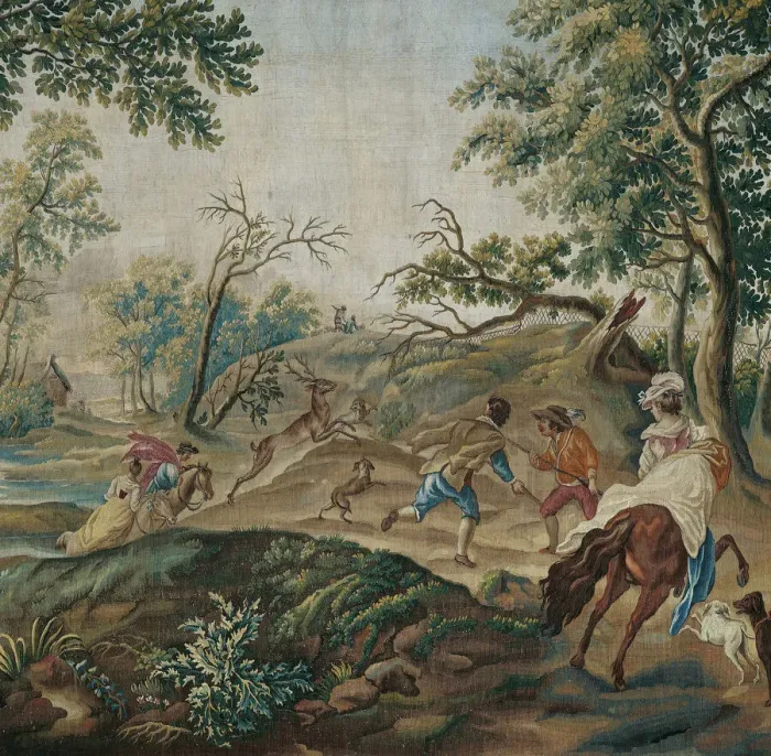 Framed Print : The Stag Hunt, from Pastoral Hunting Scenes, Aubusson, c. 1775. Creator: Unknown Framed Print : The Stag Hunt, from Pastoral Hunting Scenes, Aubusson, c. 1775. Creator: Unknown