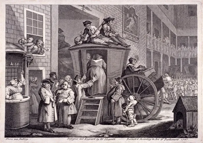 Framed Print : The stage-coach, or the country inn yard, 1747. Artist: William Hogarth Framed Print : The stage-coach, or the country inn yard, 1747. Artist: William Hogarth