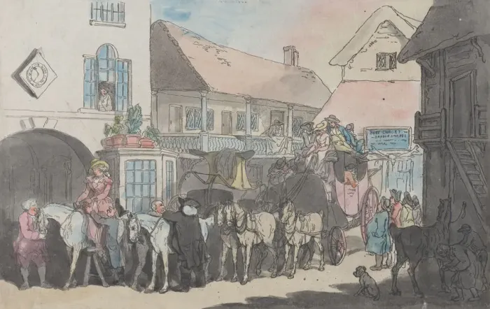 Framed Print : Stage Coach and Riders in the Yard of an Inn, Preparing to Depart, 1789-95. 1789-95 Framed Print : Stage Coach and Riders in the Yard of an Inn, Preparing to Depart, 1789-95. 1789-95