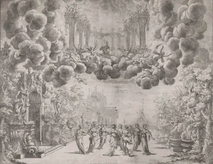 Framed Print : Stage design with allegorical figures; from L Idea di tutti le perfezioni... Piacenz Framed Print : Stage design with allegorical figures; from L Idea di tutti le perfezioni... Piacenz