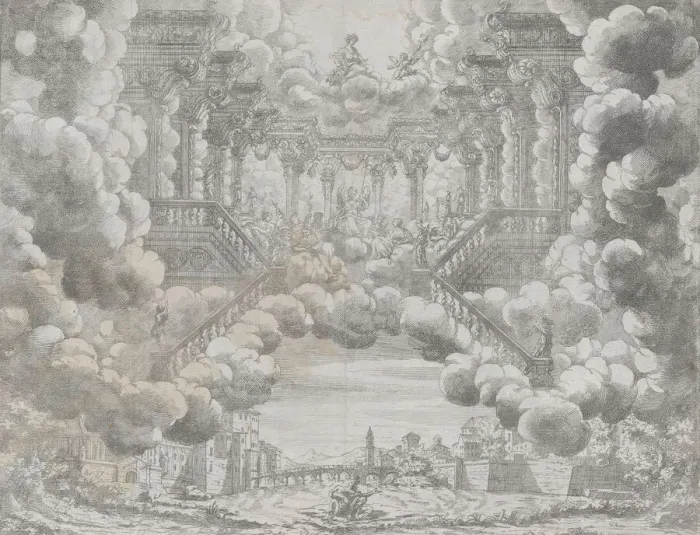 Framed Print : Stage design with allegorical figures on a staircase; from L Eta Dell Oro, ca. 1690 Framed Print : Stage design with allegorical figures on a staircase; from L Eta Dell Oro, ca. 1690