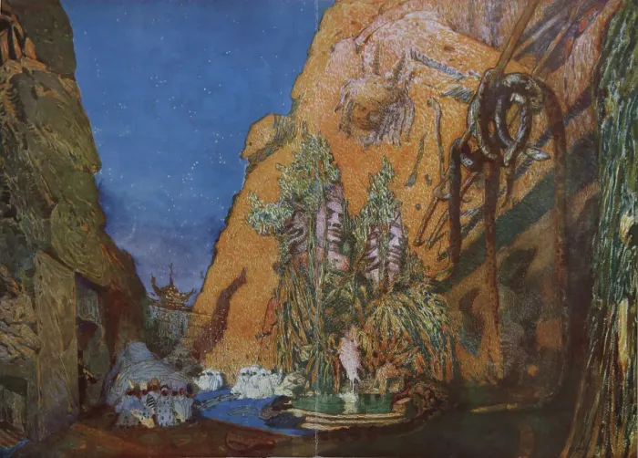 Framed Print : Stage design for the Ballet Blue God by R. Hahn, 1912. Artist: Bakst, Leon (1866-1924) Framed Print : Stage design for the Ballet Blue God by R. Hahn, 1912. Artist: Bakst, Leon (1866-1924)