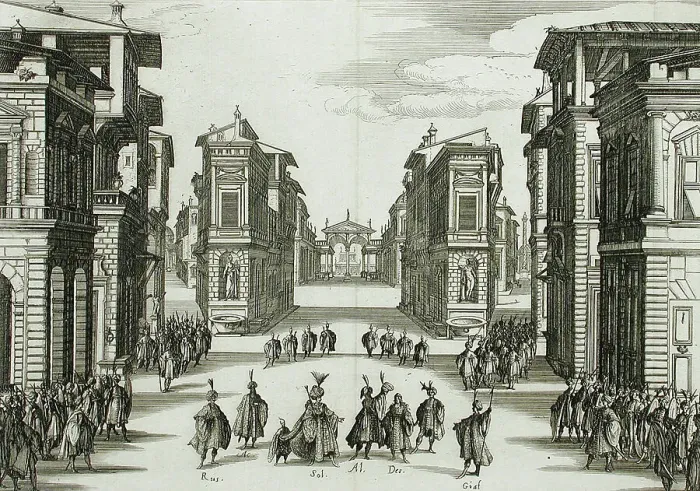 Framed Print : Stage Design for Il Solimano, Act IV, c1620. Creator: Jacques Callot Framed Print : Stage Design for Il Solimano, Act IV, c1620. Creator: Jacques Callot