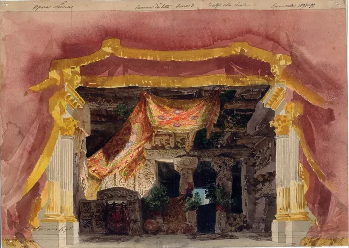 Framed Print : Stage design for the opera Les Huguenots by Giacomo Meyerbeer, 1899. Creator: Ferrario, Carlo (1833-1907) Framed Print : Stage design for the opera Les Huguenots by Giacomo Meyerbeer, 1899. Creator: Ferrario, Carlo (1833-1907)