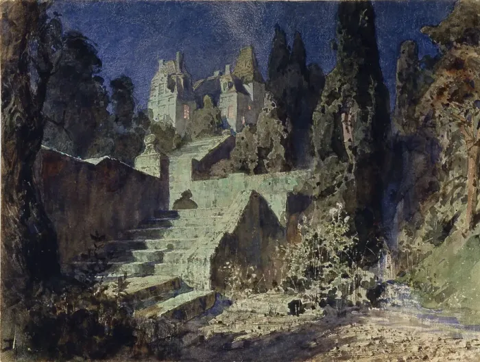 Framed Print : Stage design for the opera The scarlet Rose by N. Krotkov, 1884. Artist: Polenov, Vasili Dmitrievich (1844-1927) Framed Print : Stage design for the opera The scarlet Rose by N. Krotkov, 1884. Artist: Polenov, Vasili Dmitrievich (1844-1927)
