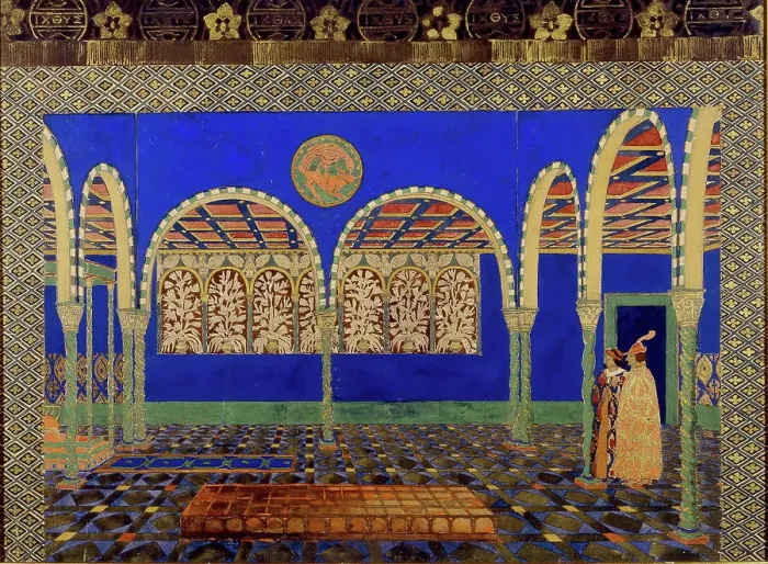 Framed Print : Stage design for the play The Martyrdom of St. Sebastian by Gabriele D'Annuzio, 1911. Creator: Bakst; Léon (1866-1924)