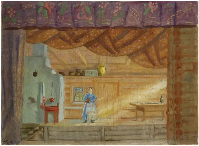 Framed Print : Stage design for the play Virineya by Lidia Seyfullina, 1925. Artist: Kustodiev, Boris Michaylovich (1878-1927) Framed Print : Stage design for the play Virineya by Lidia Seyfullina, 1925. Artist: Kustodiev, Boris Michaylovich (1878-1927)