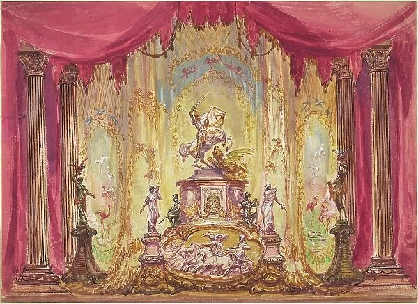 Stage Set with a Statue Of Saint George Slaying the Dragon. Creator: Robert Caney