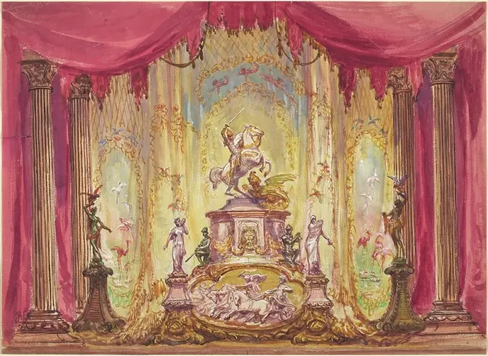 Framed Print : Stage Set with a Statue Of Saint George Slaying the Dragon. Creator: Robert Caney Framed Print : Stage Set with a Statue Of Saint George Slaying the Dragon. Creator: Robert Caney