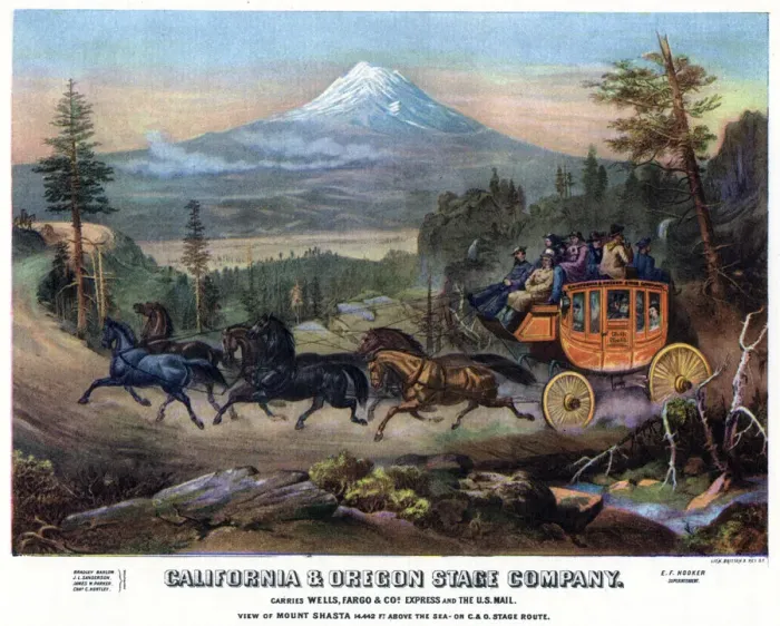 Framed Print : A stagecoach journey, USA, 19th century (1937). Artist: Britton & Rey Framed Print : A stagecoach journey, USA, 19th century (1937). Artist: Britton & Rey