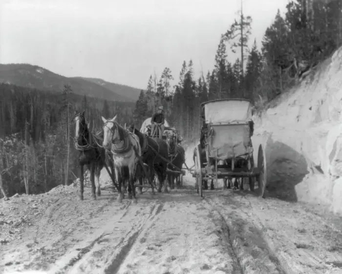 Framed Print : Two stagecoaches passing on mountain road, Yellowstone National Park, Wyoming, 1903. Creator: Frances Benjamin Johnston Framed Print : Two stagecoaches passing on mountain road, Yellowstone National Park, Wyoming, 1903. Creator: Frances Benjamin Johnston