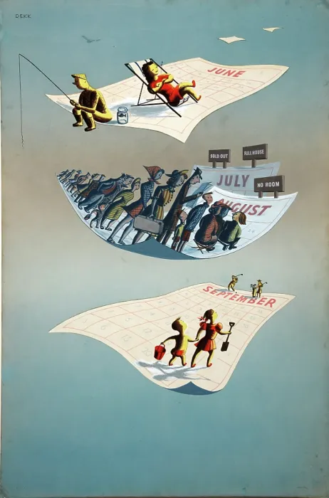 Framed Print : Staggered holidays, World War II poster, c1945. Creators: Central Office of Information, Dorrit Dekk. Staggered holidays, World War II poster, c1945 Framed Print : Staggered holidays, World War II poster, c1945. Creators: Central Office of Information, Dorrit Dekk. Staggered holidays, World War II poster, c1945