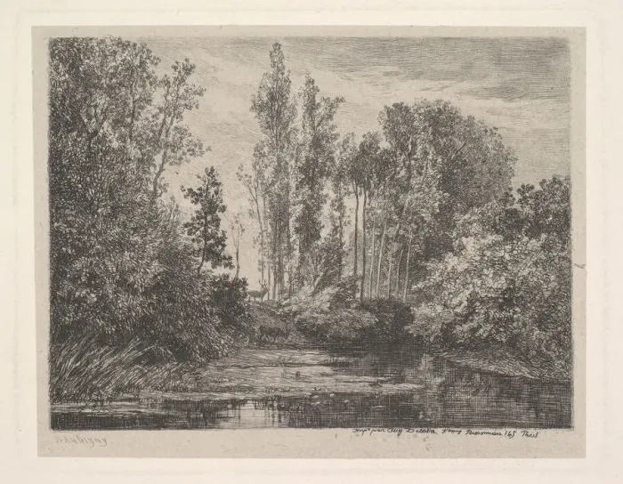 Framed Print : Stags at the Waters Edge, 1850. Creator: Charles Francois Daubigny Framed Print : Stags at the Waters Edge, 1850. Creator: Charles Francois Daubigny