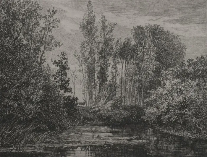 Framed Print : Stags at the waters edge, 1850. Creator: Charles Francois Daubigny (French, 1817-1878) Framed Print : Stags at the waters edge, 1850. Creator: Charles Francois Daubigny (French, 1817-1878)