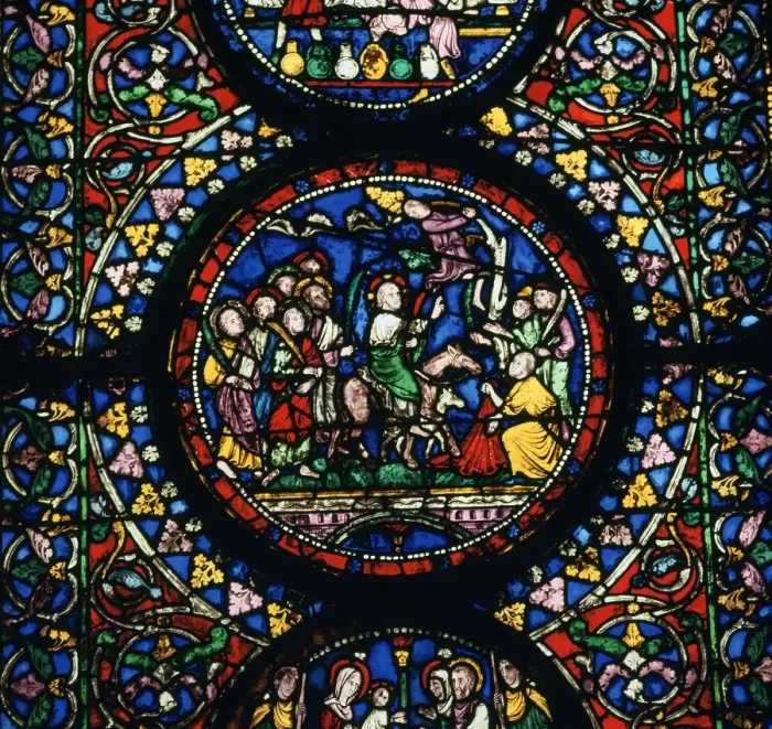 Framed Print : Stained glass depiction of Christs entry to Jerusalem, 12th century Framed Print : Stained glass depiction of Christs entry to Jerusalem, 12th century