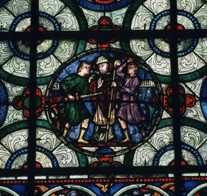 Framed Print : Stained glass depiction of the murder of Thomas A Becket, 12th century Framed Print : Stained glass depiction of the murder of Thomas A Becket, 12th century