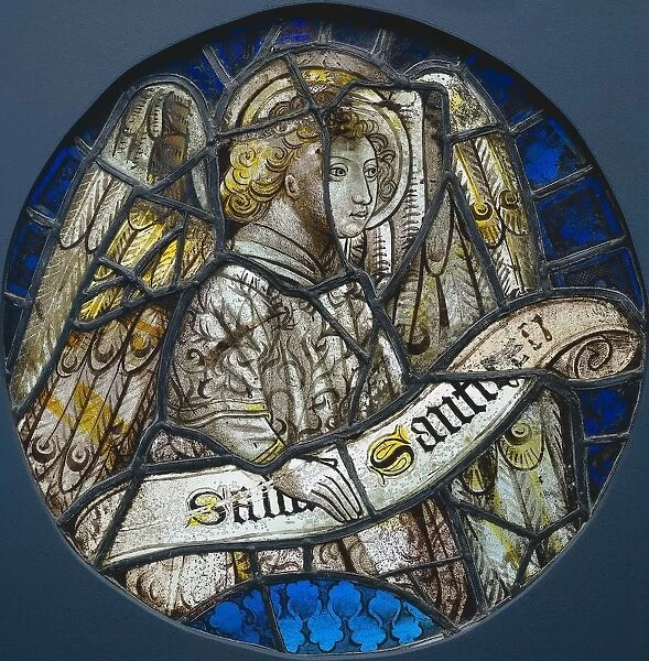 Stained Glass Roundel with an Angel Holding a Scroll, c. 1425-1450. Creator: Unknown