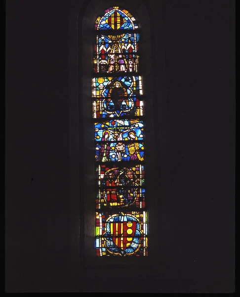 Stained glass window of the Chapter House of the Monastery of Santa Maria de Pedralbes in Barcelona