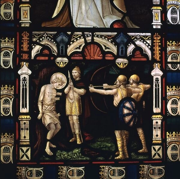 Stained glass window of St Edmund being martyred by Danes, 9th century