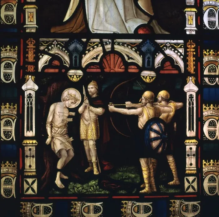 Framed Print : Stained glass window of St Edmund being martyred by Danes, 9th century Framed Print : Stained glass window of St Edmund being martyred by Danes, 9th century