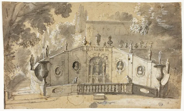 Framed Print : Staircase and Fountain (recto); Seated Male Nude in Profile to Left, Looking Upward (verso), n.d. Creator: Unknown Framed Print : Staircase and Fountain (recto); Seated Male Nude in Profile to Left, Looking Upward (verso), n.d. Creator: Unknown
