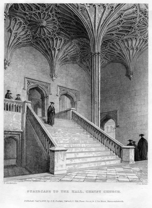 Framed Print : Staircase to the Hall, Christ Church, Oxford University, 1833. Artist: John Le Keux Framed Print : Staircase to the Hall, Christ Church, Oxford University, 1833. Artist: John Le Keux