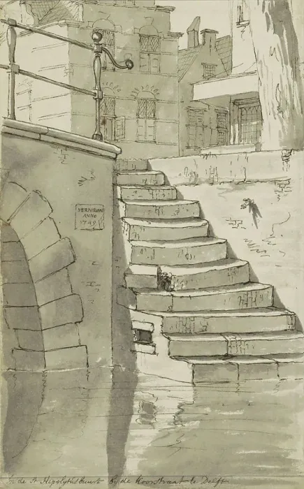 Framed Print : Stairs to the canal on the Koorstraat in Delft, c.1783-c.1797. Creator: Johannes Huibert Prins Framed Print : Stairs to the canal on the Koorstraat in Delft, c.1783-c.1797. Creator: Johannes Huibert Prins