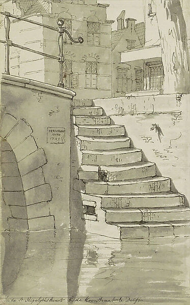 Stairs to the canal on the Koorstraat in Delft, c.1783-c.1797. Creator: Johannes Huibert Prins
