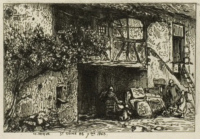 Framed Print : Stairs in Front of a House, 1843. Creator: Charles Emile Jacque Framed Print : Stairs in Front of a House, 1843. Creator: Charles Emile Jacque