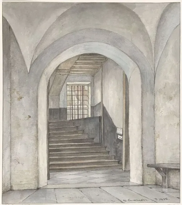Framed Print : The stairs where Willem van Oranje was murdered, bullet holes and sign, 1835. Creator: Gerrit Lamberts Framed Print : The stairs where Willem van Oranje was murdered, bullet holes and sign, 1835. Creator: Gerrit Lamberts