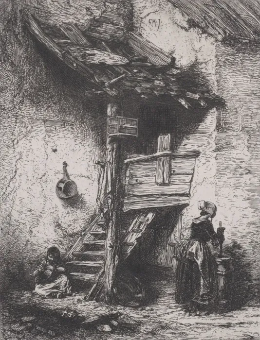 Framed Print : Stairs and Woman Churning, 1845. Creator: Charles Emile Jacque Framed Print : Stairs and Woman Churning, 1845. Creator: Charles Emile Jacque