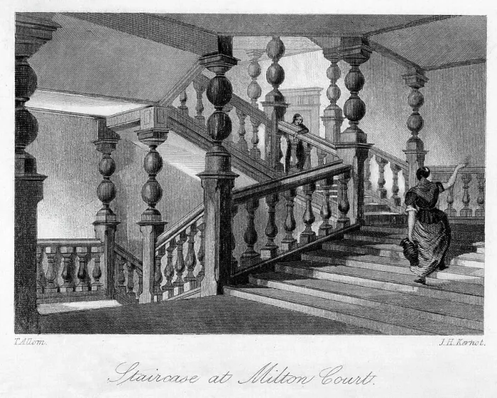 Framed Print : Staitcase at Milton Court, near Dorking, Surrey, 19th century. Artist: Thomas Allom Framed Print : Staitcase at Milton Court, near Dorking, Surrey, 19th century. Artist: Thomas Allom